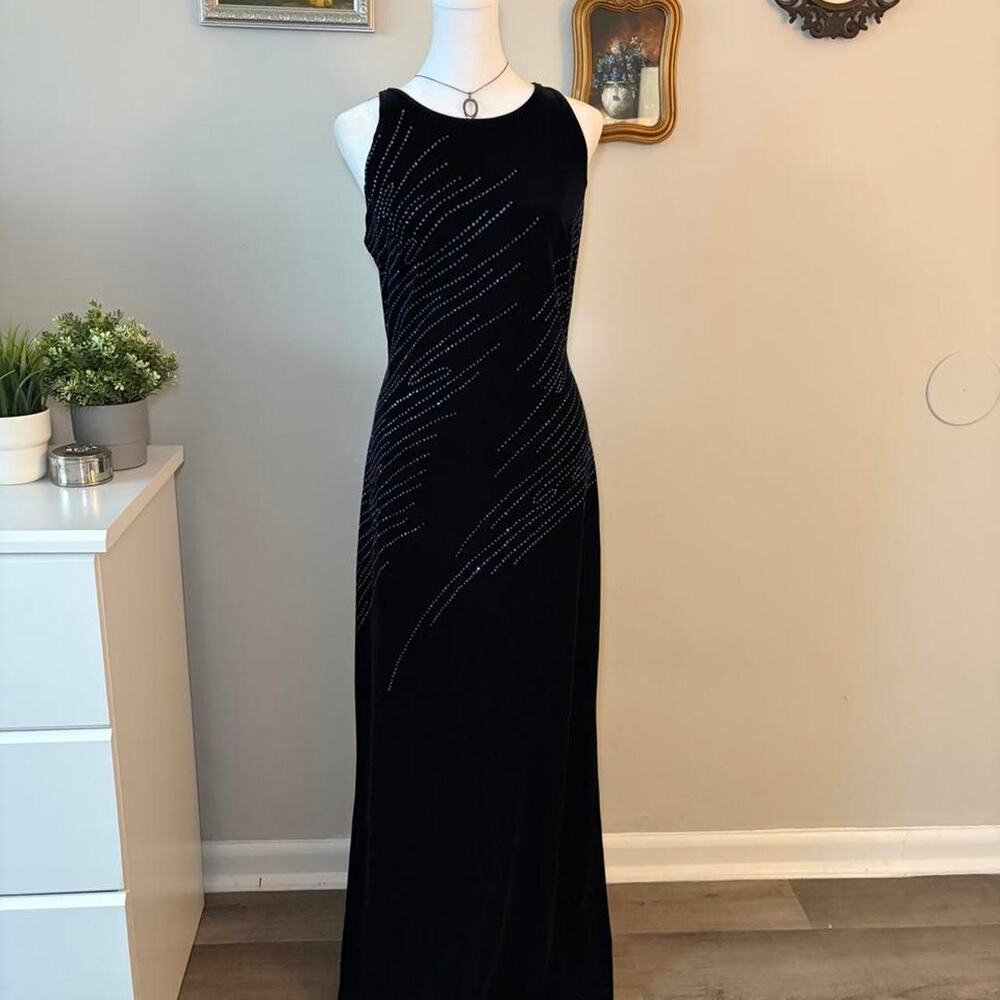 Vintage 90s JUMP Black Velvet Rhinestone Gem Open Back Maxi Dress